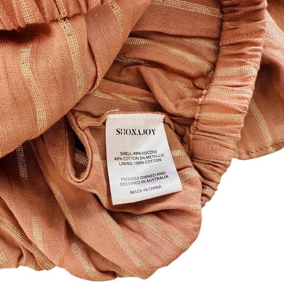 Shona Joy Crop Top Off Shoulder Size 8 Ruffle Smocked Tan Gold Stripe - Picture 3 of 5